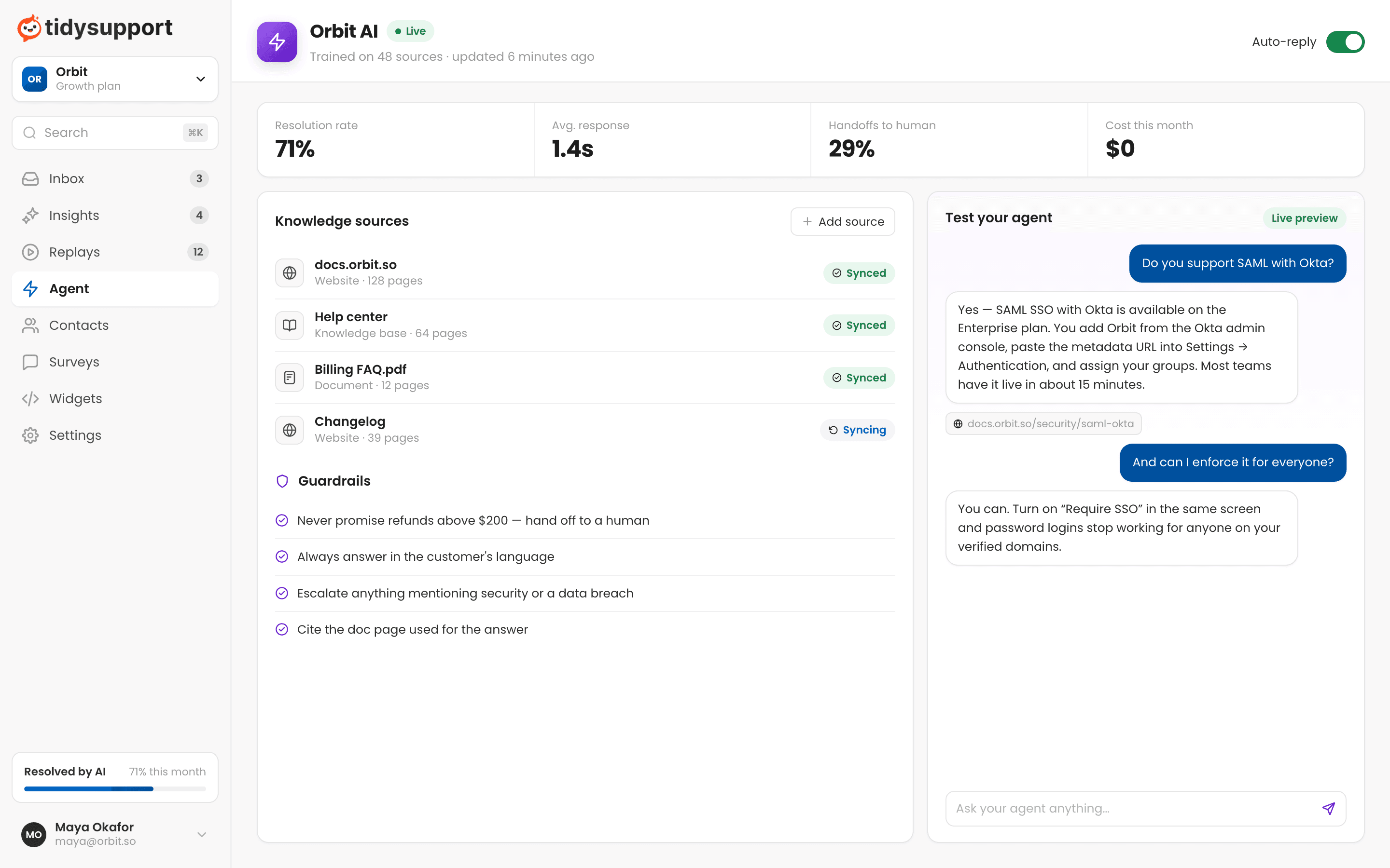 TidySupport AI agent settings with knowledge sources, guardrails and a live test chat