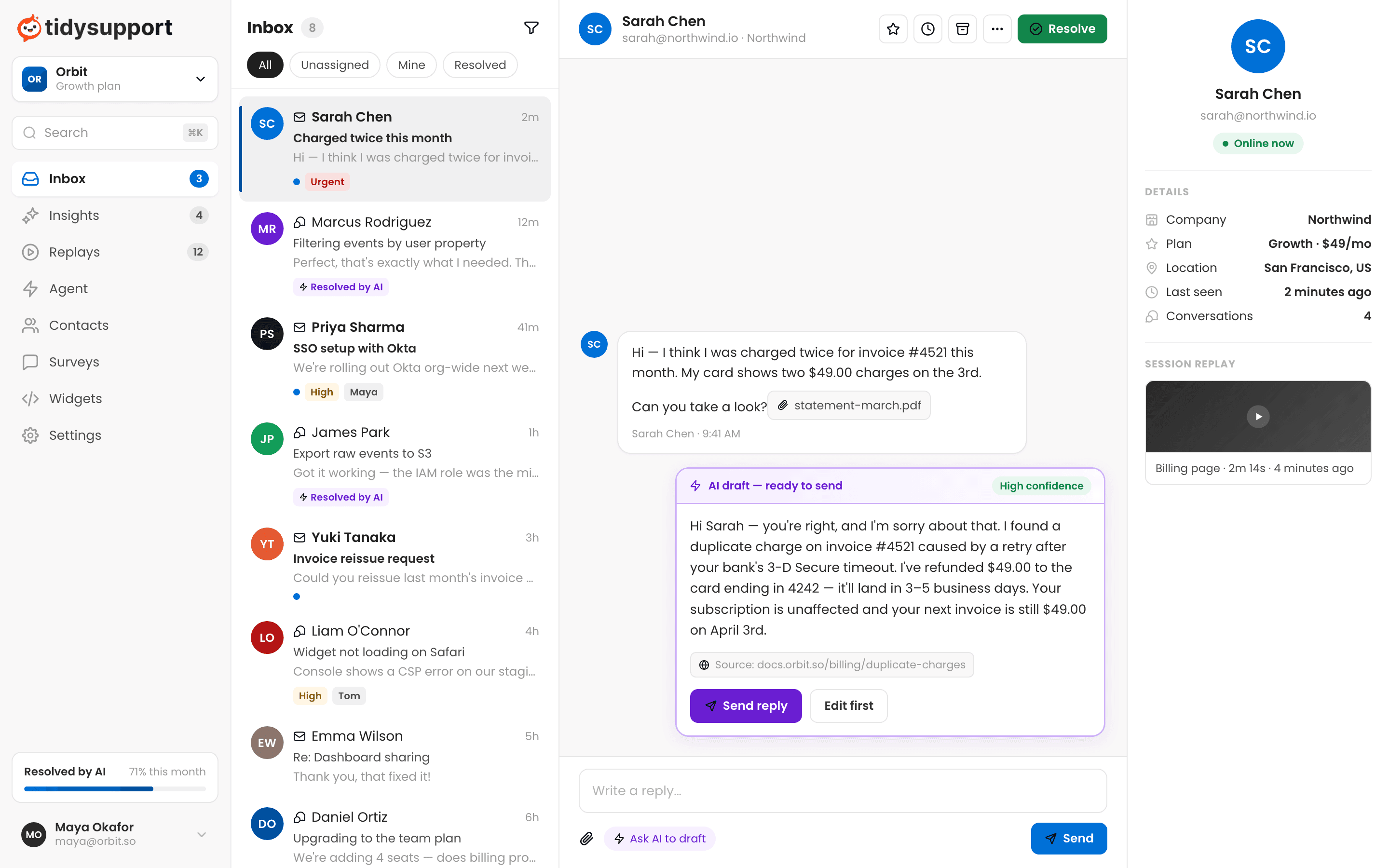 TidySupport inbox showing a billing conversation with an AI-drafted reply