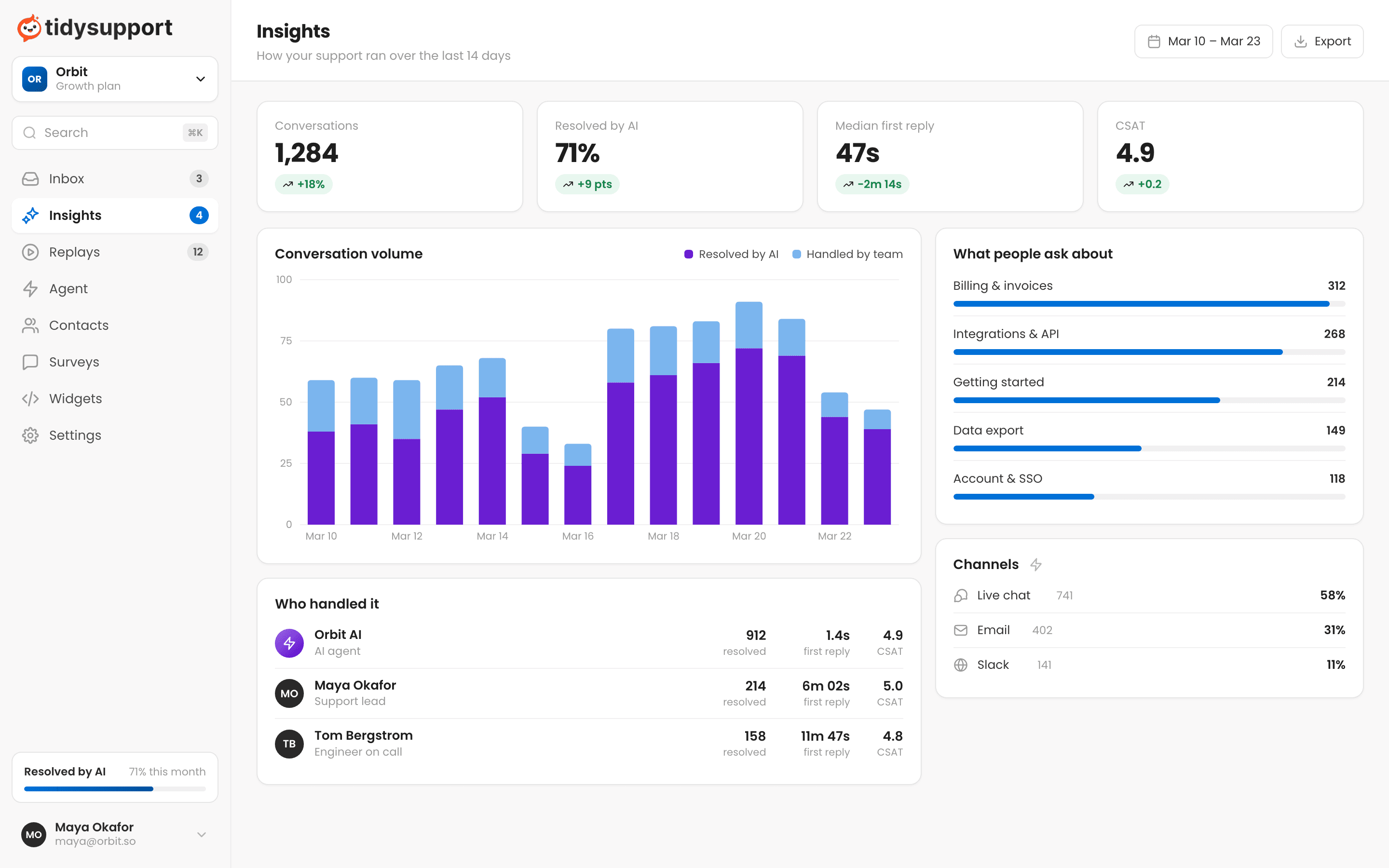 TidySupport insights dashboard with conversation volume and top topics